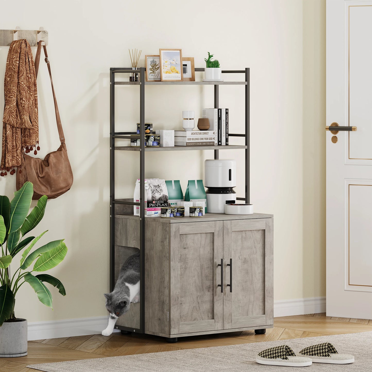 Cat Litter Box Enclosure with Shelf Storage,2-in-1 Hidden Cat Litter Box,Hidden Cat Box Enclosure with 3 Shelves and Door,Indoor