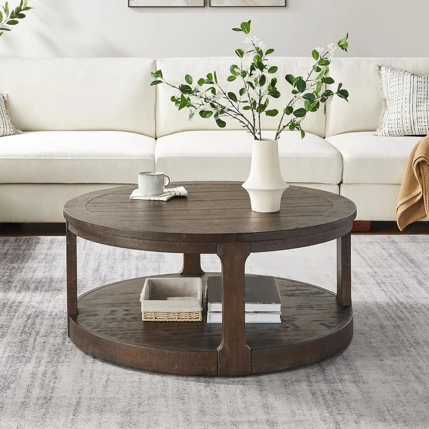 35.98'' Wood Pedestal Coffee Tables for Living Room, Rustic Round Coffee Table Brown, Modern Circle Coffee Table, Customized