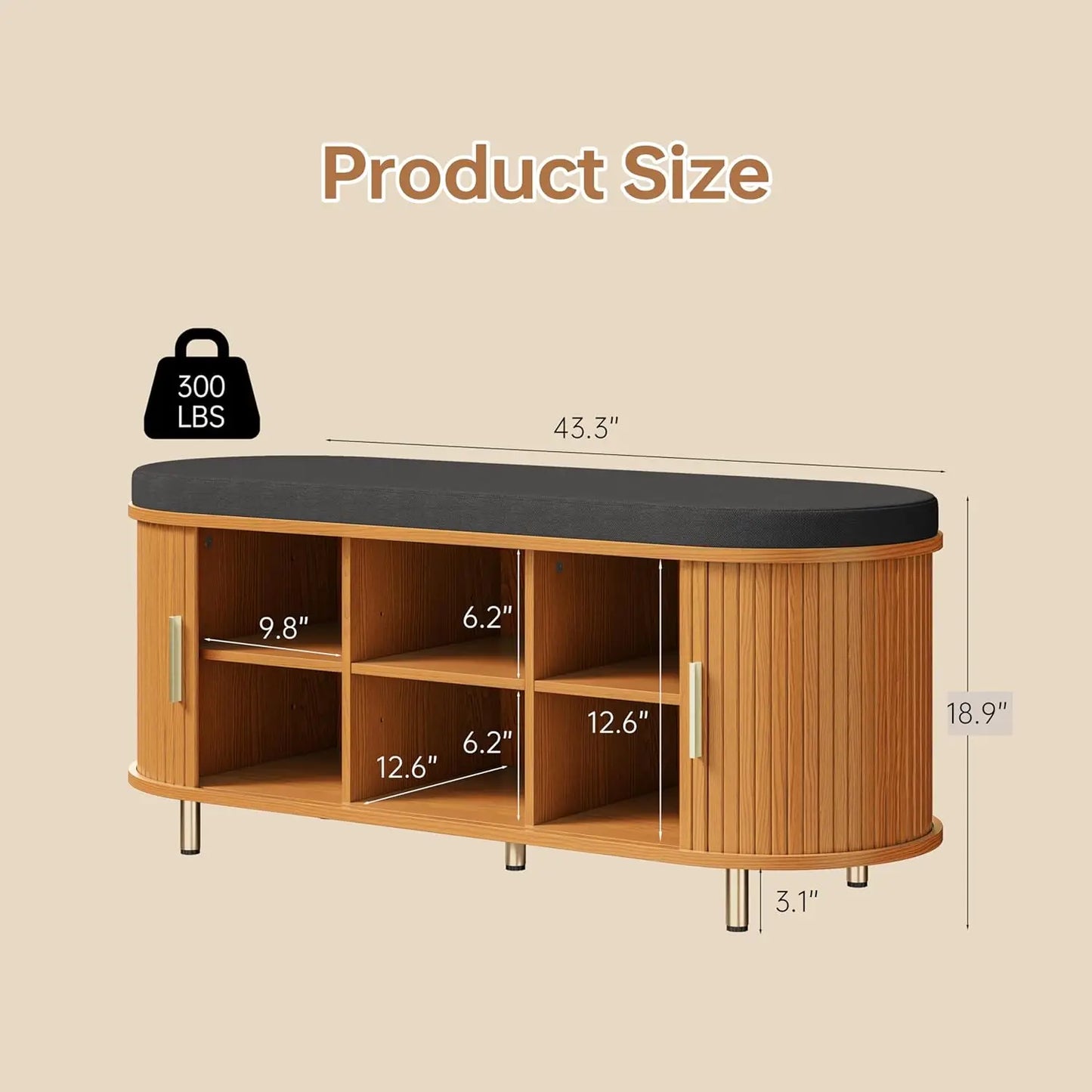 2-Tier Storage Bench, 43.3" Wide Shoe Bench with Thickened Padded Seat Cushion, Mid Century Modern Fluted Sliding, Customized