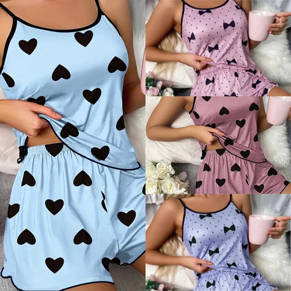 Ice Silk Pajamas for Women, Cute Heart Print Short Sleeve Sleepwear Set, Cool & Breathable Summer PJs