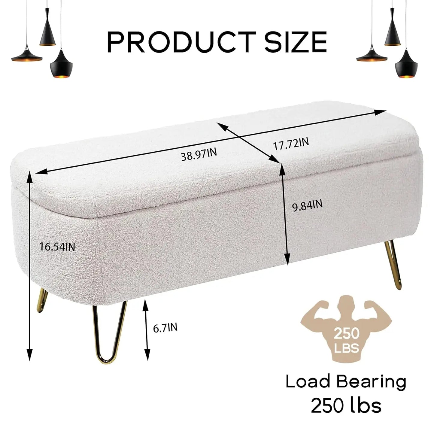 Modern Storage Ottoman Bench, Vintage Boucle Upholstered Entryway Bench, End of Bed Bench with Gold Legs, Padded, Customized