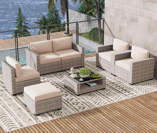 7 Piece Outdoor Patio Furniture Set, Rattan Chairs Glass Table Wicker Conversation Seating Sectional Sofa with Cushions, Custom