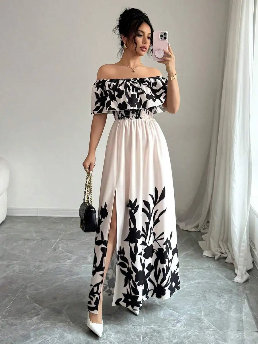Off-Shoulder Ruffled Sleeve Floral Maxi Dress with High Slit for Beach Vacation