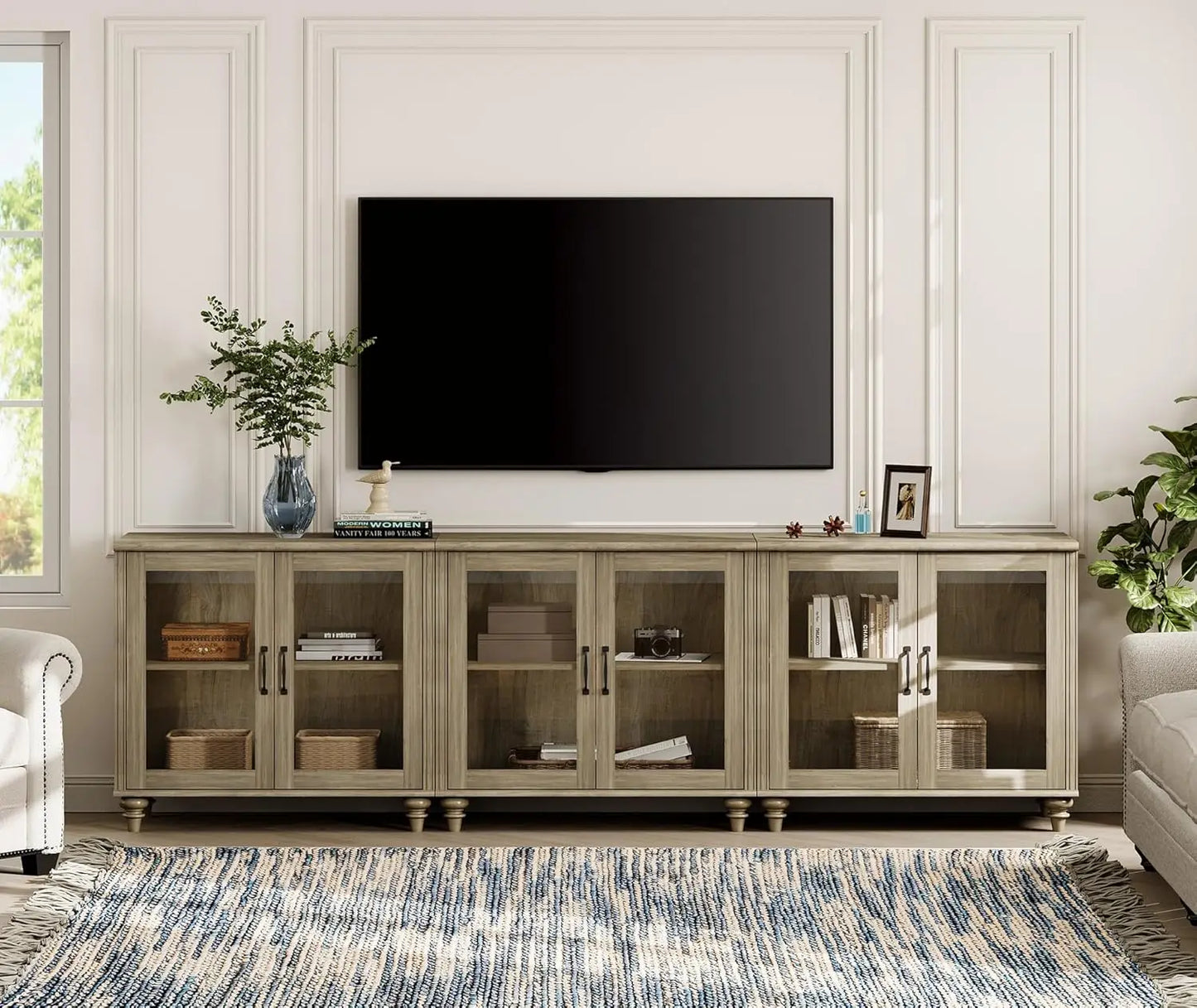 Customizable 100 Inch Light Oak Wood TV Stand, Glass Door Entertainment Center Buffet Cabinet with 6 Storage Spaces for Dining