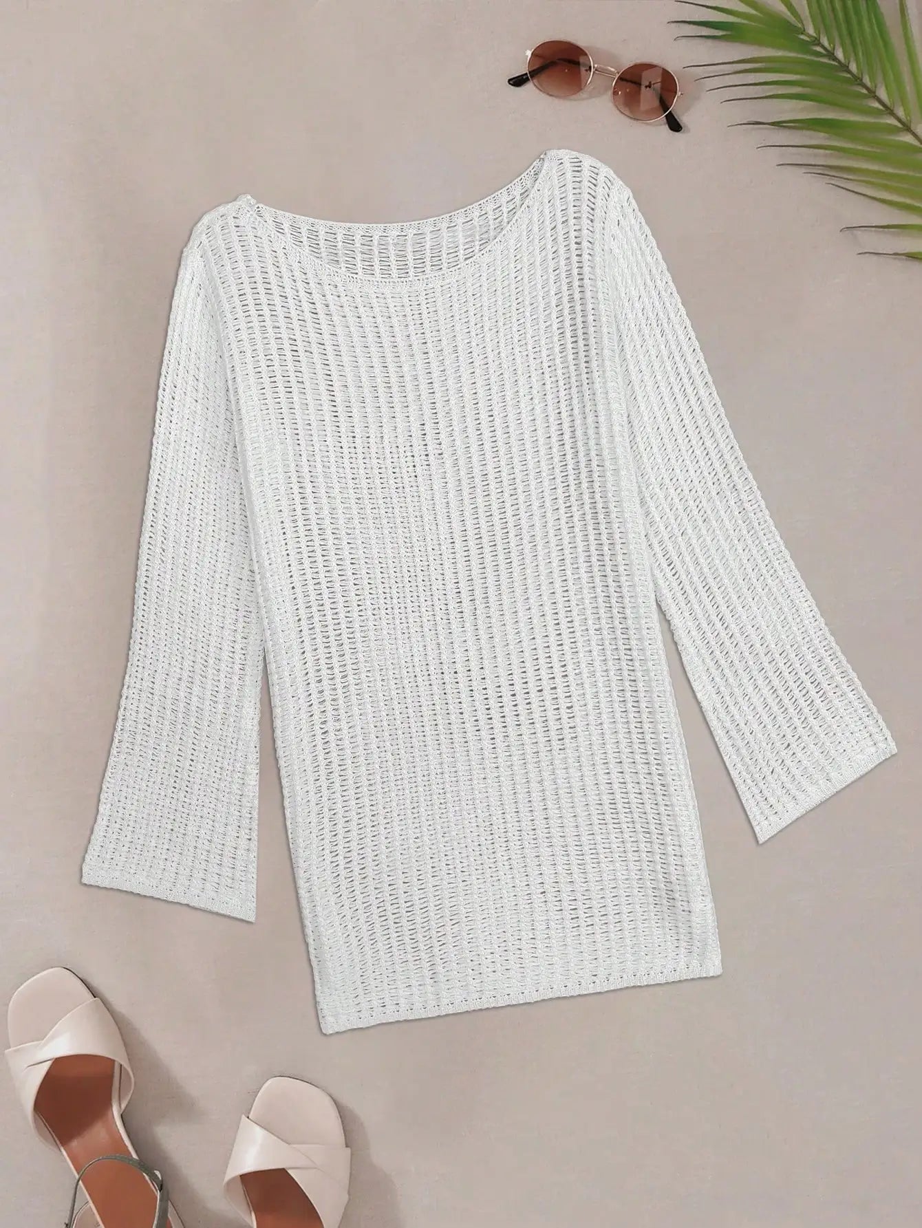 Women Solid Color Airy Beach Cover Up Mini Dress Long Sleeve See Through Casual Summer