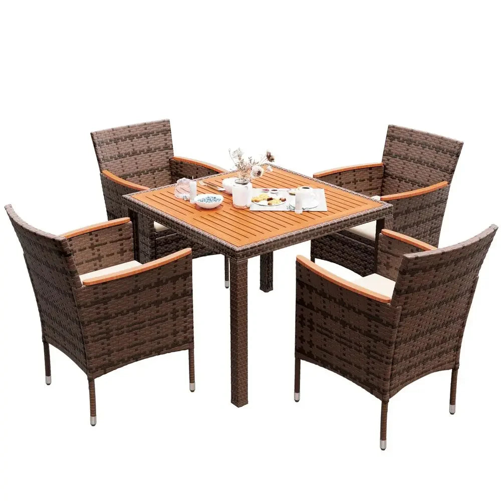 XMSJ 5 Piece Acacia Wood Patio Table Set With Rattan Chairs