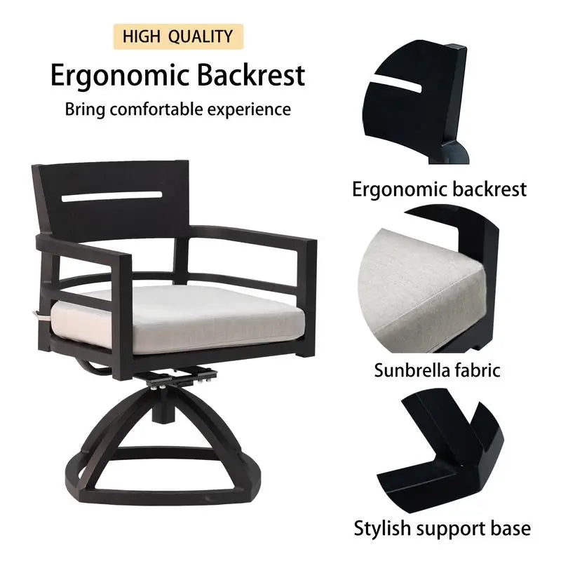 7-Piece Outdoor Patio Aluminum Furniture Set, Modern Dining Set with 4 Dining Chairs, 2 Swivel Rockers, Sunbrella Fabric