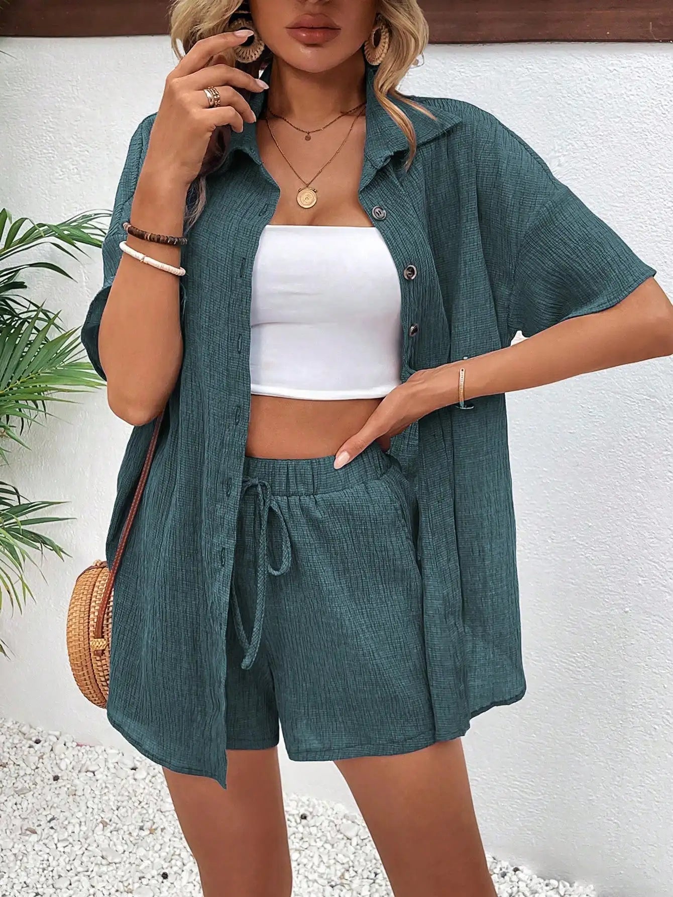 Women's Front Button Collar Short Sleeve Blouse And Tie Waist Shorts Set