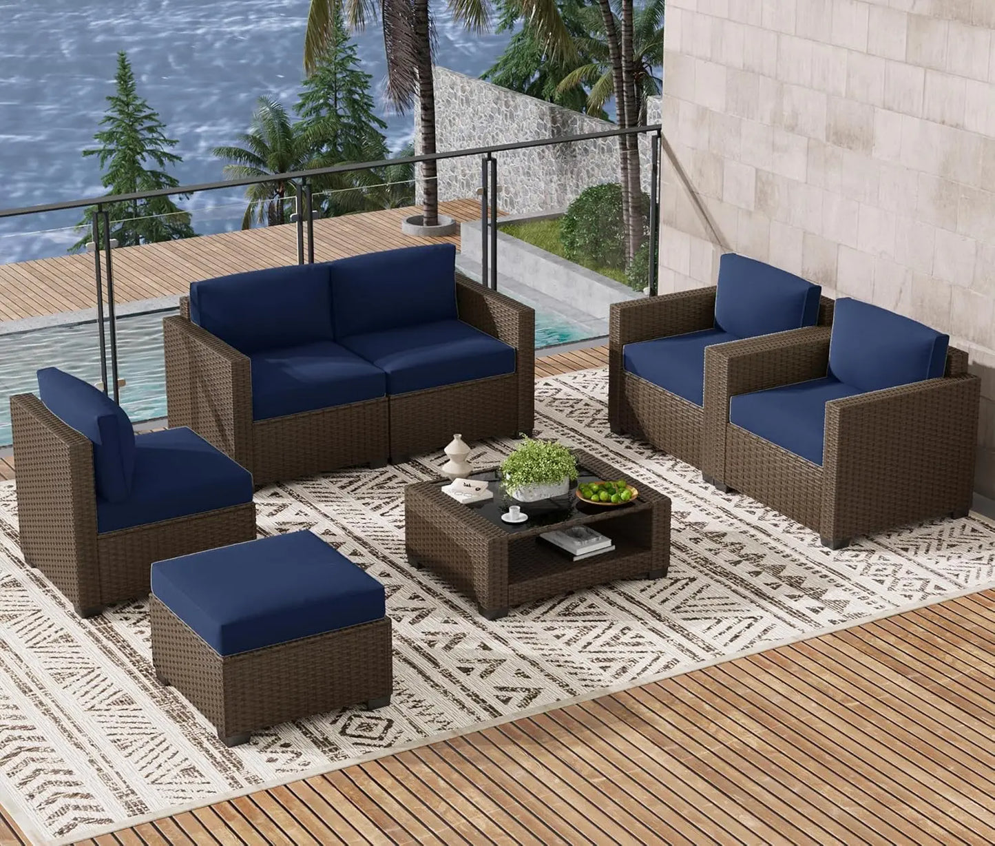 7 Piece Outdoor Patio Furniture Set, Rattan Chairs Glass Table Wicker Conversation Seating Sectional Sofa with Cushions, Custom