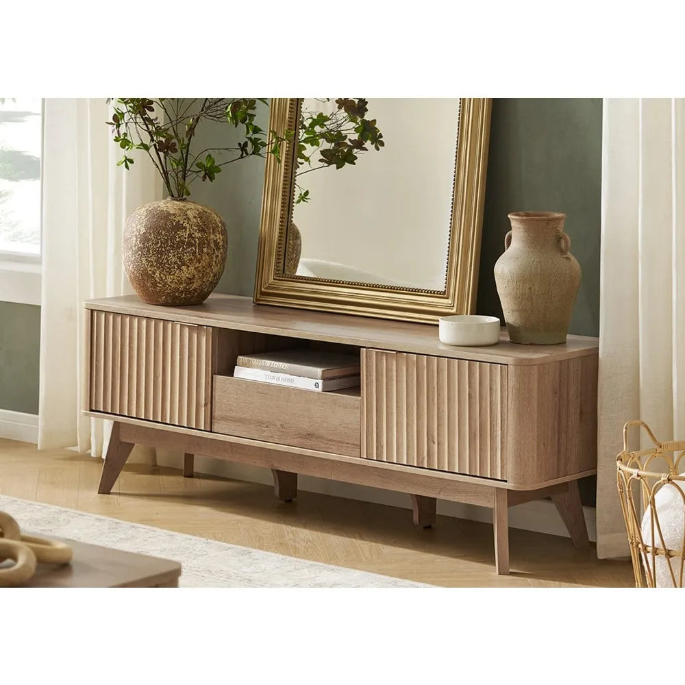 Mid-Century Modern TV Stand Adjustable Shelf Sturdy Box Frame Leg 50-59in Golden Oak 57in ,Customized