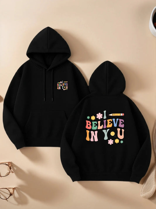 Graphic Hoodie Women, Believe In You Letter Print, Casual Aesthetic Design, Soft Fabric, Casual Everyday Wear, For Teens