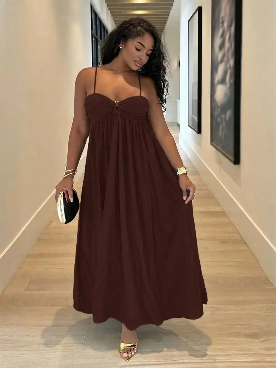 Black Pleated Sleeveless Maxi Dress with Ruched Bust, Boho Style for Summer Vacation