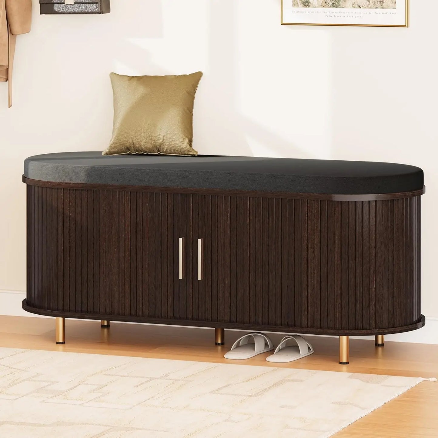 2-Tier Storage Bench, 43.3" Wide Shoe Bench with Thickened Padded Seat Cushion, Mid Century Modern Fluted Sliding, Customized