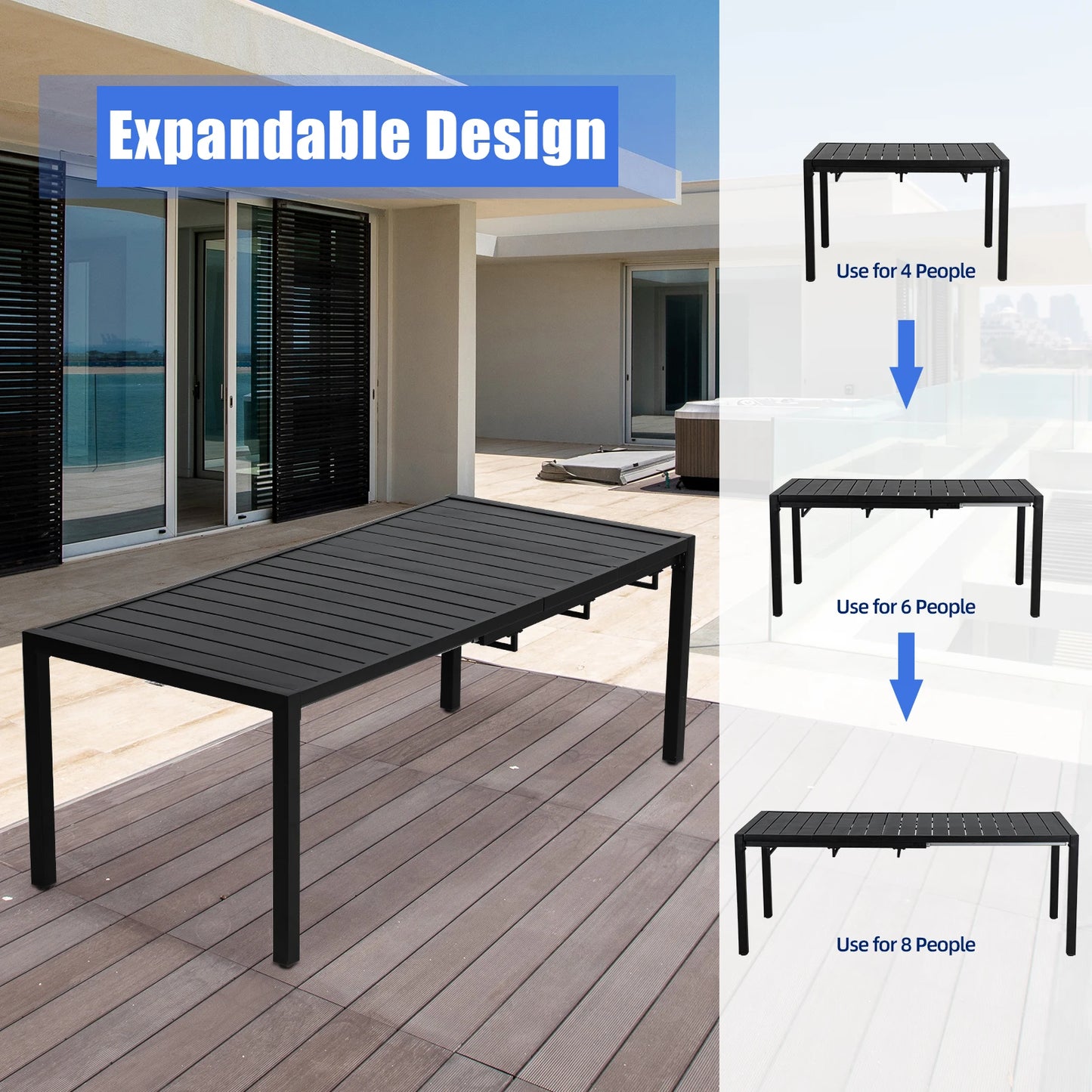 BIGGET 9-Piece Outdoor Dining Set Extendable Table & 8 Blue Foam Padded Textilene Swivel Chairs for Patio Garden Poolside
