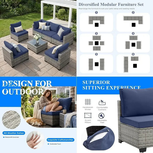 5 Piece Patio Furniture Set, AllWeather Wicker Outdoor Sectional Sofa,Rattan L Shaped Outdoor Conversation Patio Sectional with