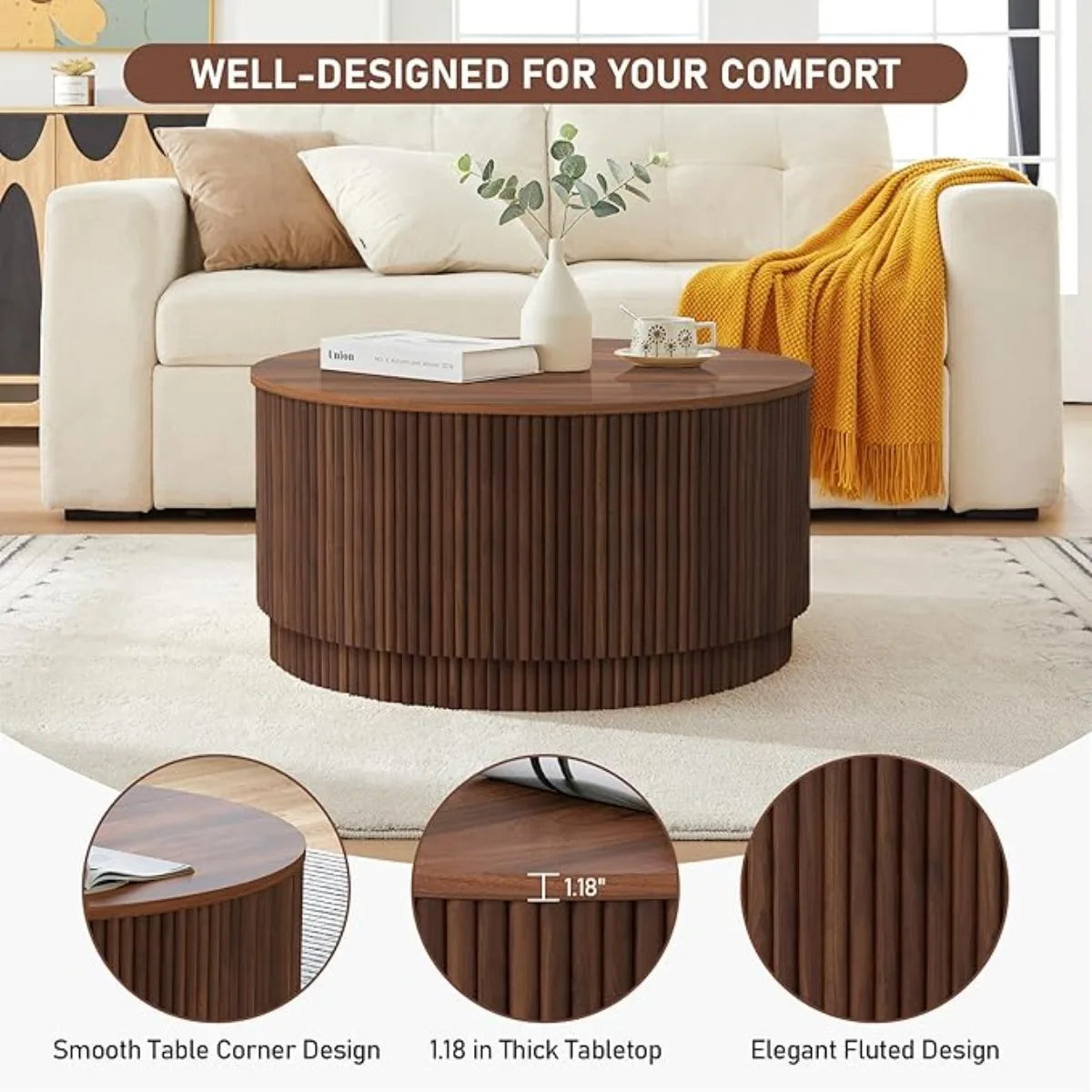 31.5" Round Coffee Table with Storage, Mid Century Modern Coffee Tables with Fluted Base, Wooden Circle Accent Center Table