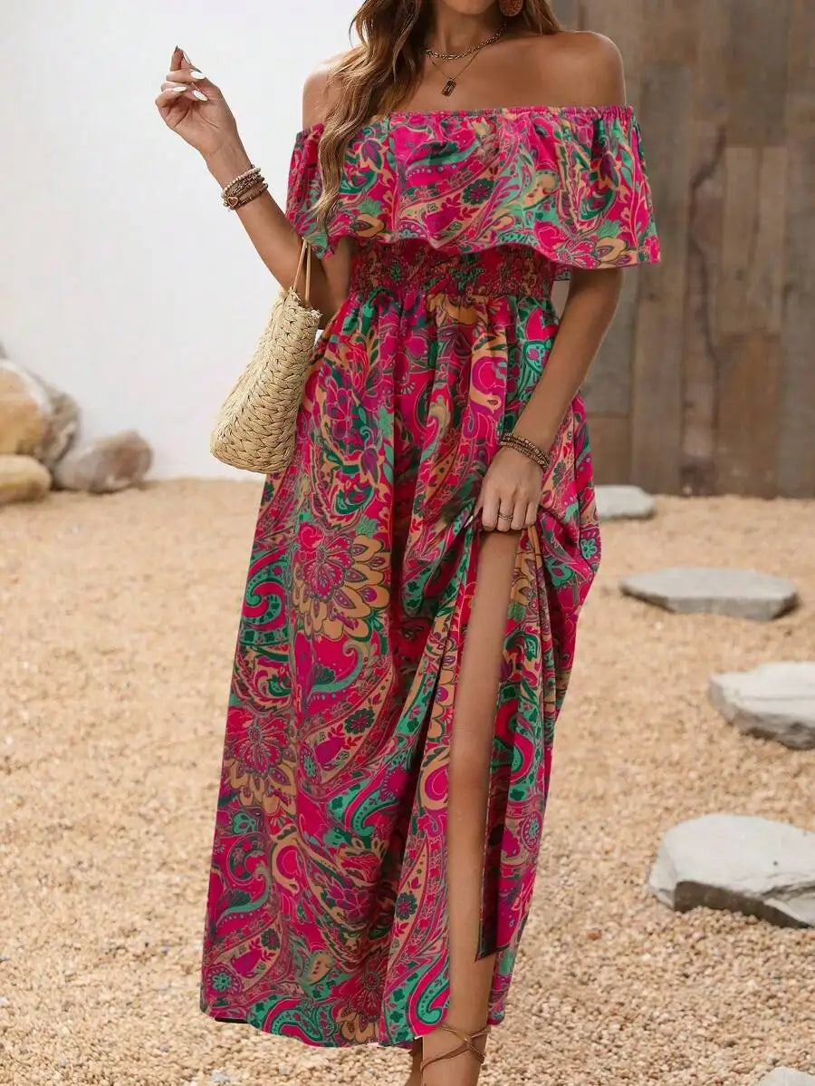 Off-Shoulder Ruffled Sleeve Floral Maxi Dress with High Slit for Beach Vacation
