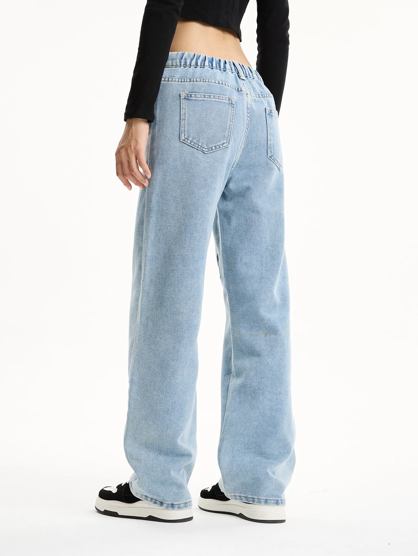 Retro butterfly embroidered long straight leg jeans for middle and high school girls and teenagers, loose and casual wide-leg st
