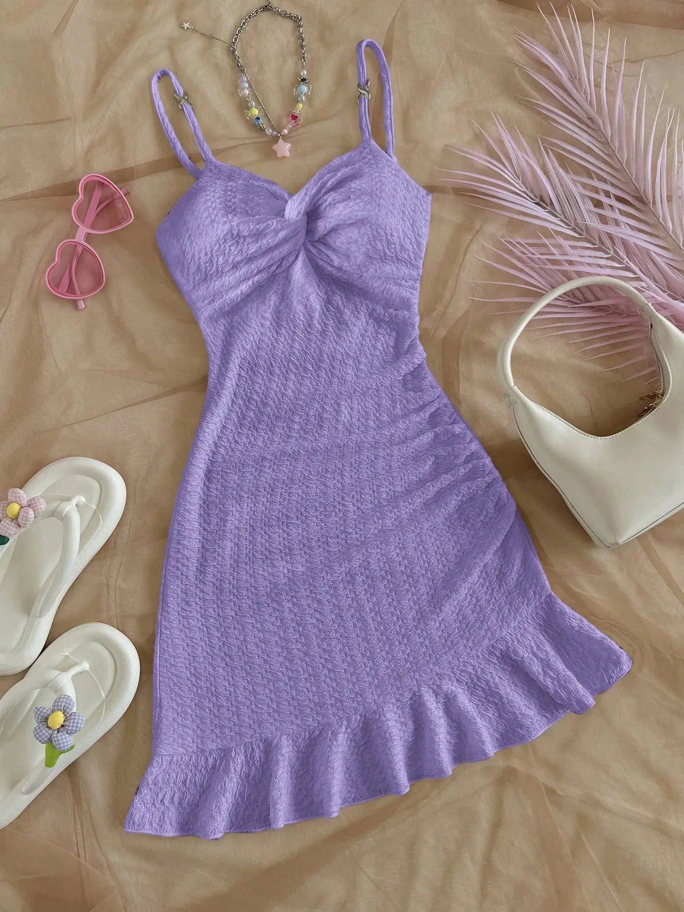 White Textured Knit Dress with Twist Bust and Ruffle Hem, Fitted Silhouette for Summer Vacations and Casual Outings