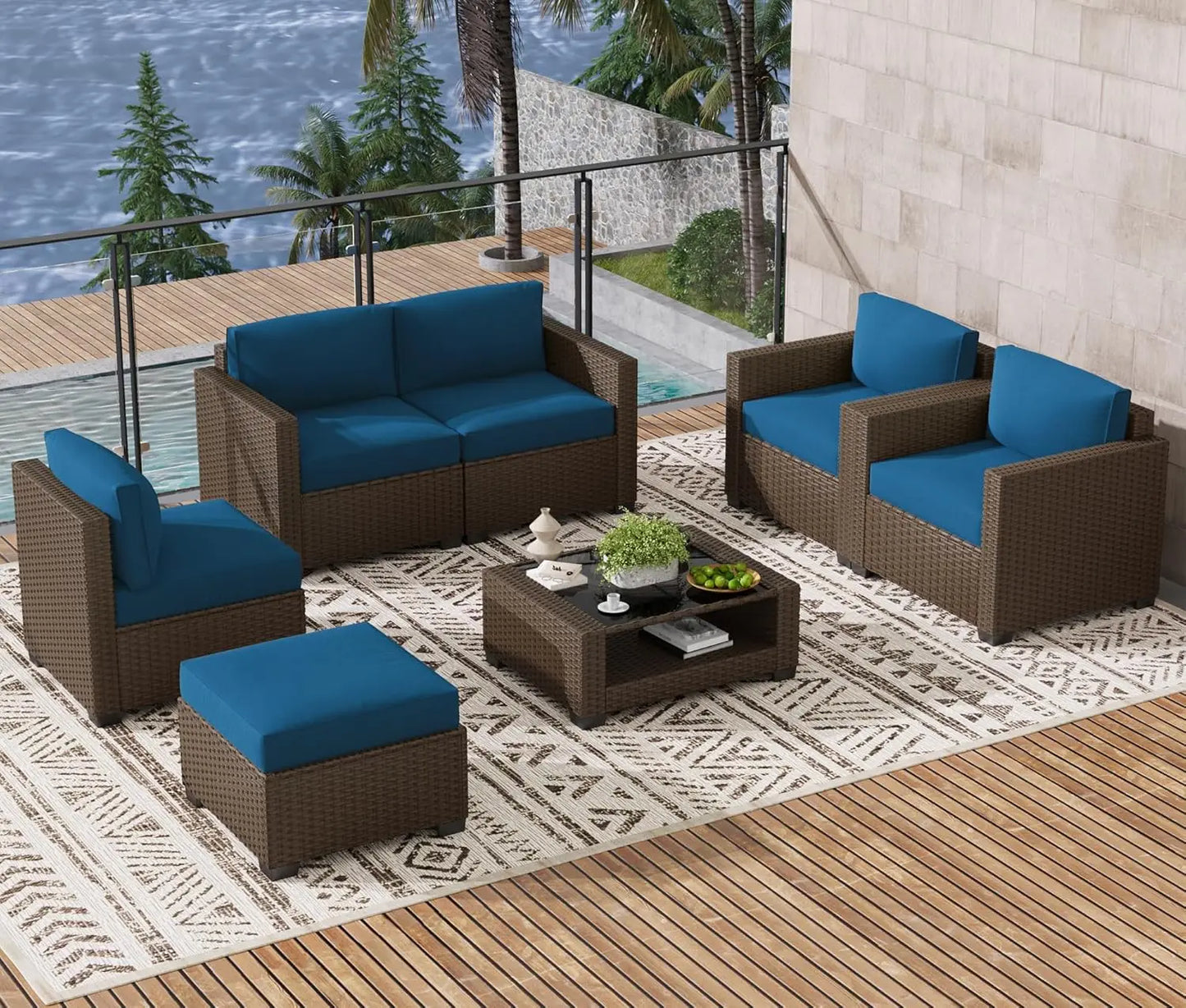 7 Piece Outdoor Patio Furniture Set, Rattan Chairs Glass Table Wicker Conversation Seating Sectional Sofa with Cushions, Custom