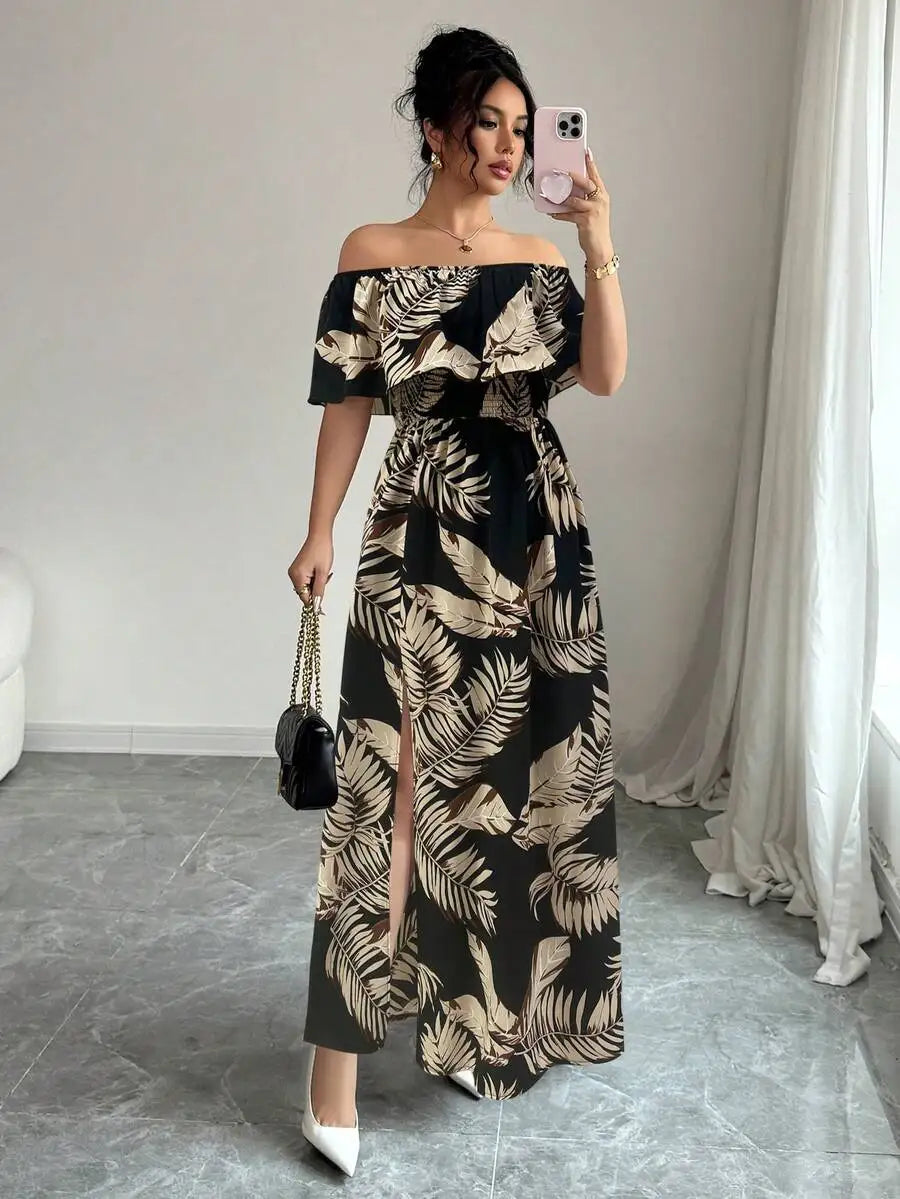 Off-Shoulder Ruffled Sleeve Floral Maxi Dress with High Slit for Beach Vacation