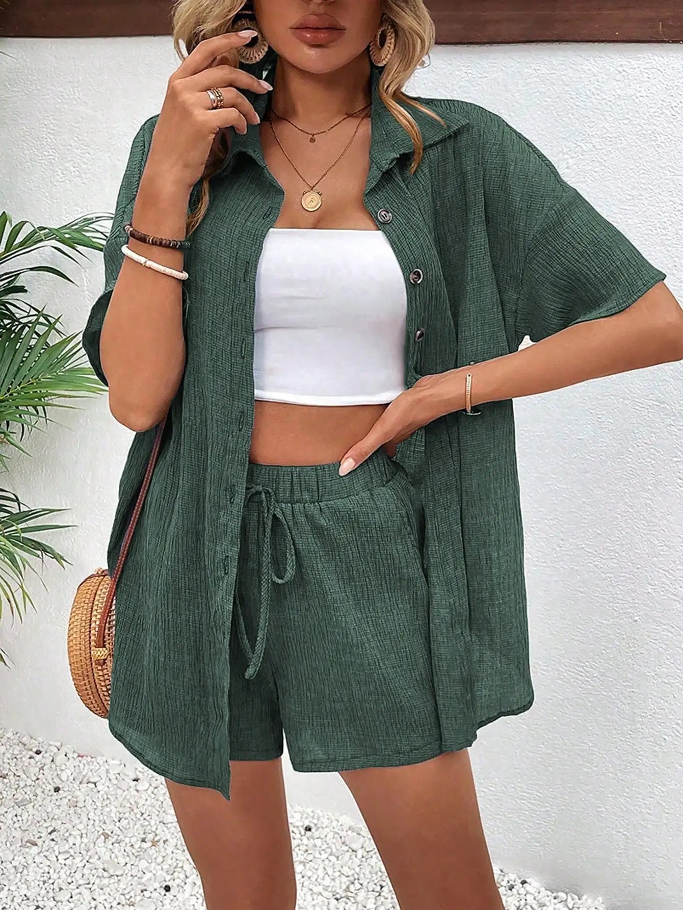 Women's Front Button Collar Short Sleeve Blouse And Tie Waist Shorts Set