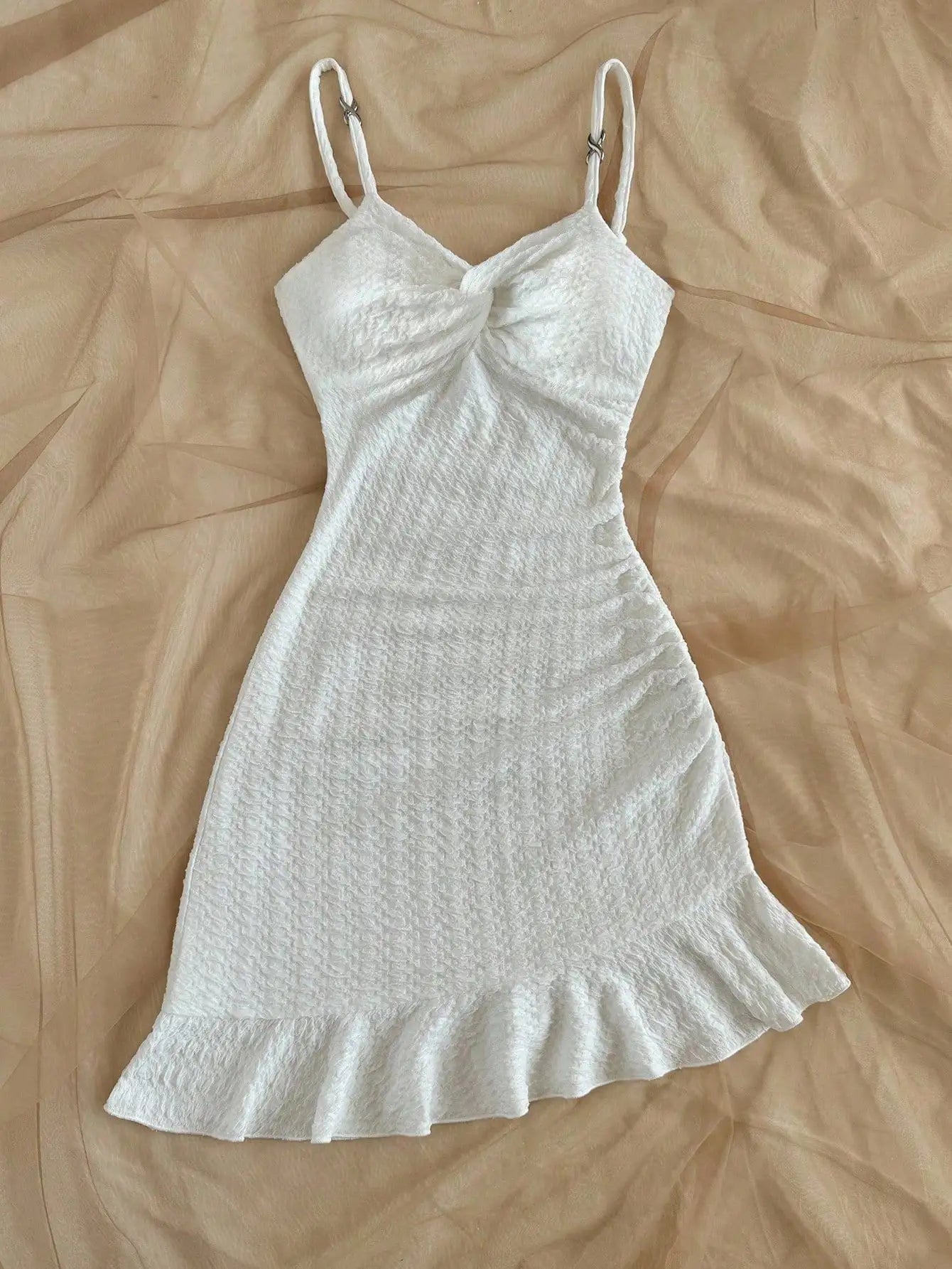 White Textured Knit Dress with Twist Bust and Ruffle Hem, Fitted Silhouette for Summer Vacations and Casual Outings