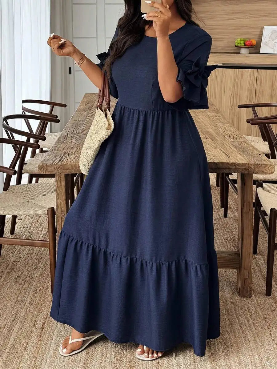 Navy Blue Solid Round Neck Ruffle Sleeve Maxi Dress with Tiered Skirt
