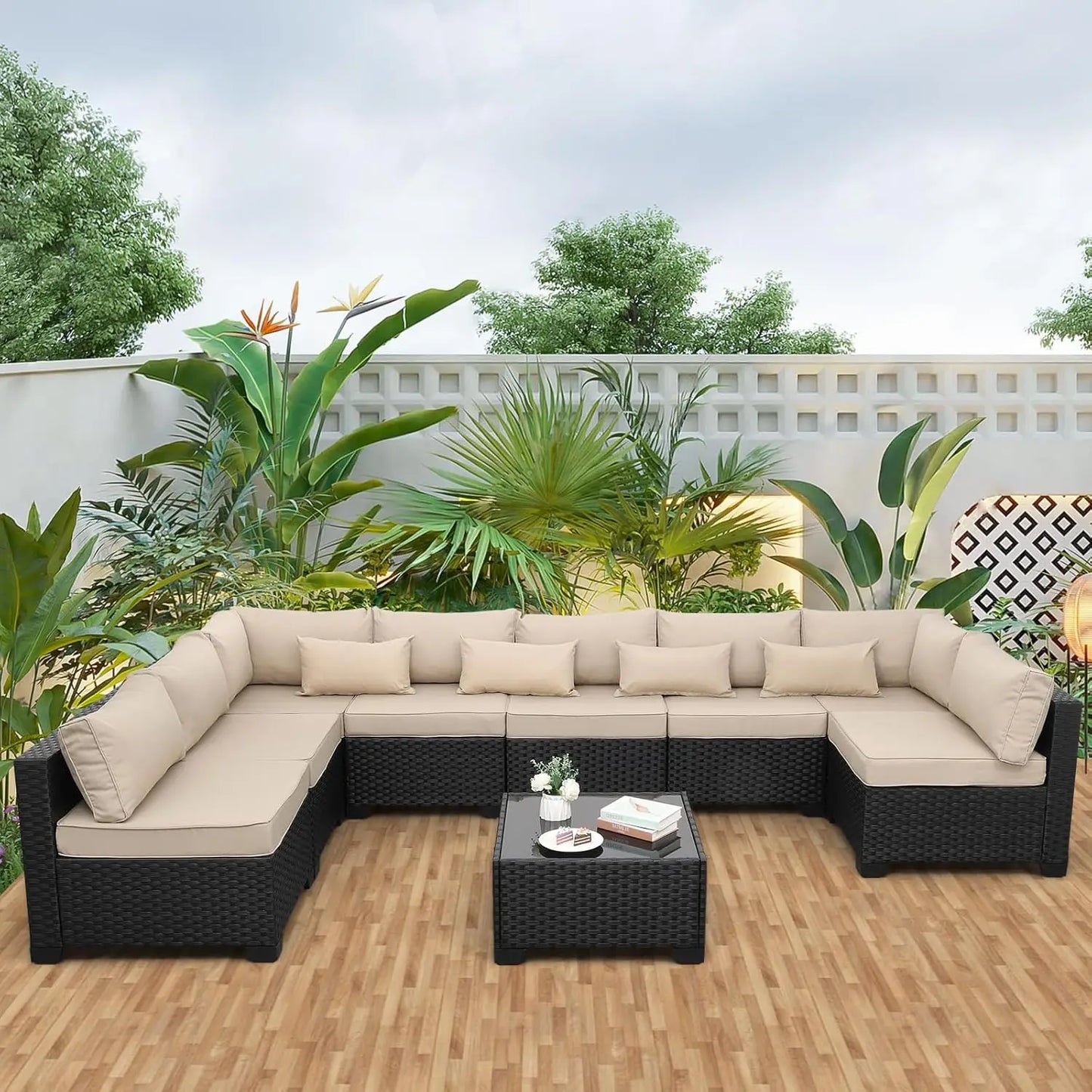 9 Pieces Outdoor Sectional All-Weather Wicker Patio Furniture Set Patio Sectional and Glass Patio Table Non-Slip, Customized