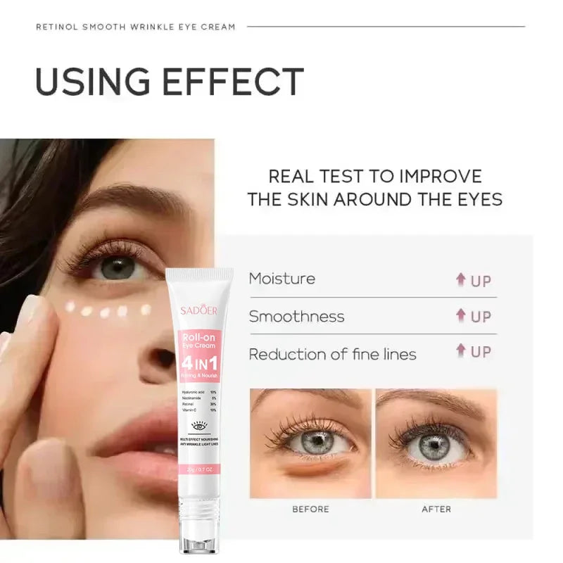 Instantly removes under eye bags, reduces fine wrinkles, improves skin elasticity, eliminates dark circles, brightens the eye ar