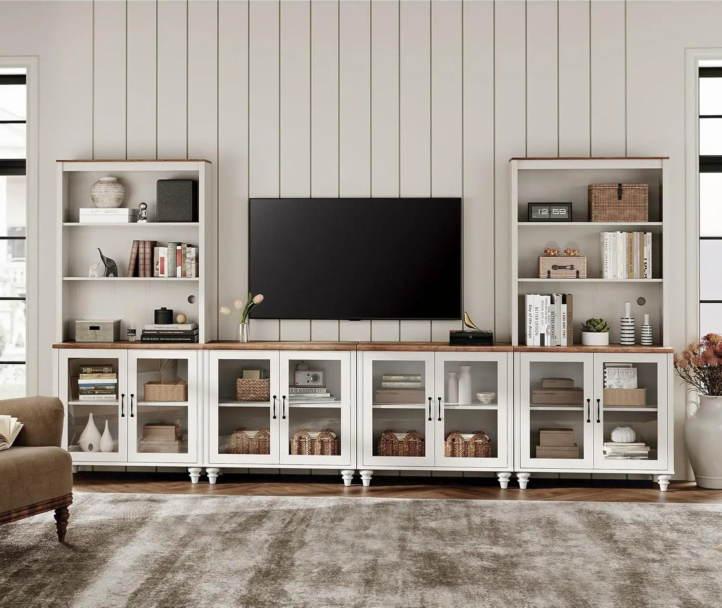 Farmhouse TV Stand Media Console Bookshelves Glass Doors Living Room Bedroom 75",Customized