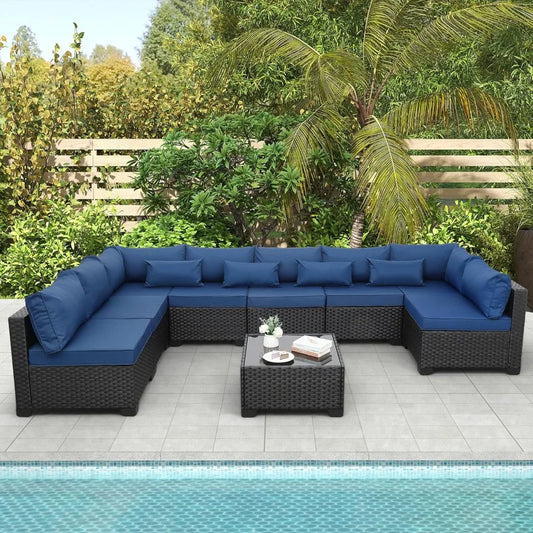 9 Pieces Outdoor Sectional All-Weather Wicker Patio Furniture Set Patio Sectional and Glass Patio Table Non-Slip, Customized