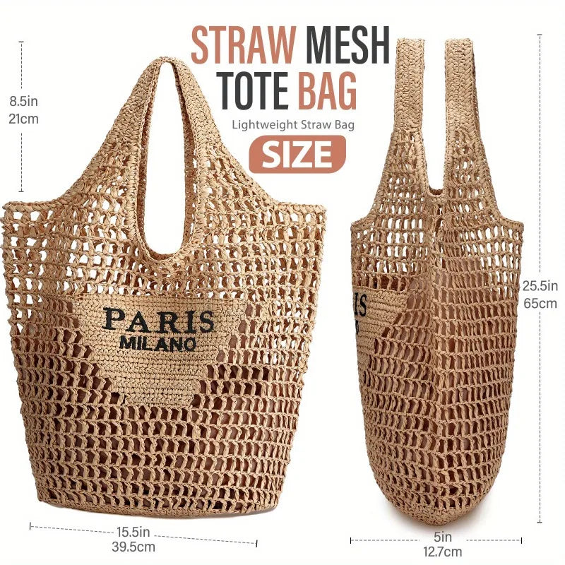 Summer Straw Beach Bag Mesh Tote Foldable Large Capacity