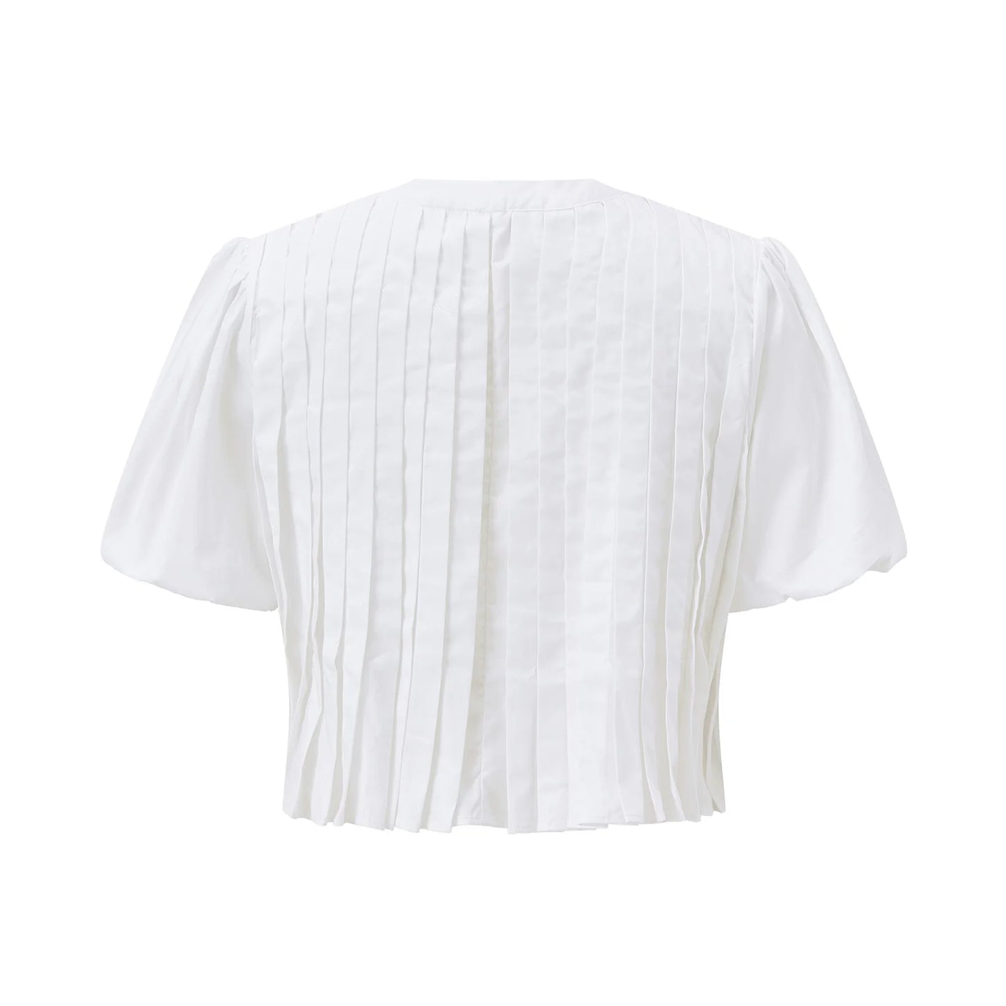 Ladies Stylish Pleated Ruffle Blouses for Summer - Chic Solid Color Bubble Sleeves with Button Down Detailing Trendy Tops for