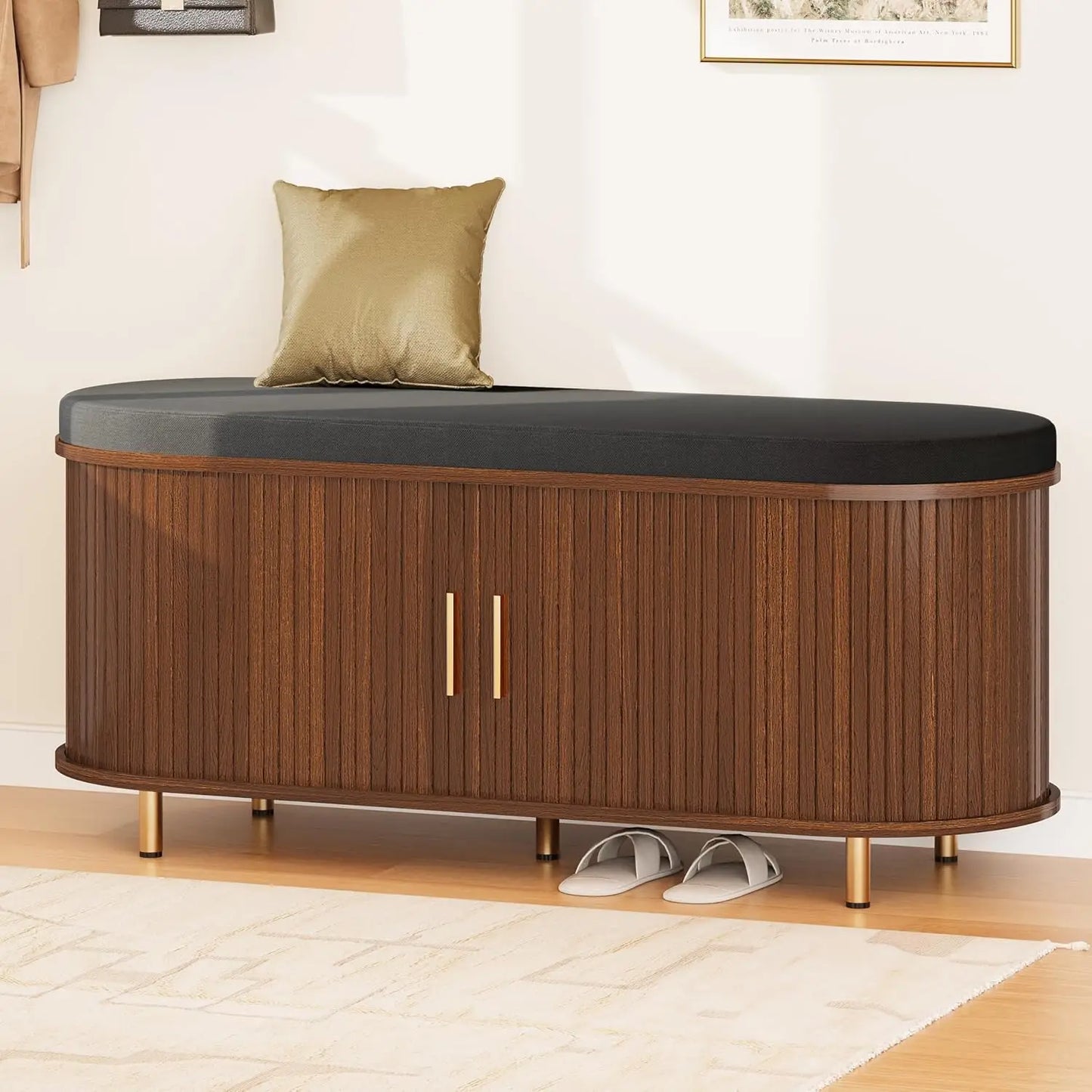 2-Tier Storage Bench, 43.3" Wide Shoe Bench with Thickened Padded Seat Cushion, Mid Century Modern Fluted Sliding, Customized