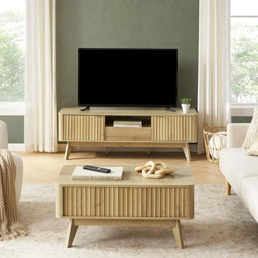 Mid-Century Modern TV Stand Adjustable Shelf Sturdy Box Frame Leg 50-59in Golden Oak 57in ,Customized