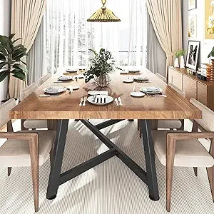 Farmhouse Solid Wood Dining Table With Durable Steel Legs