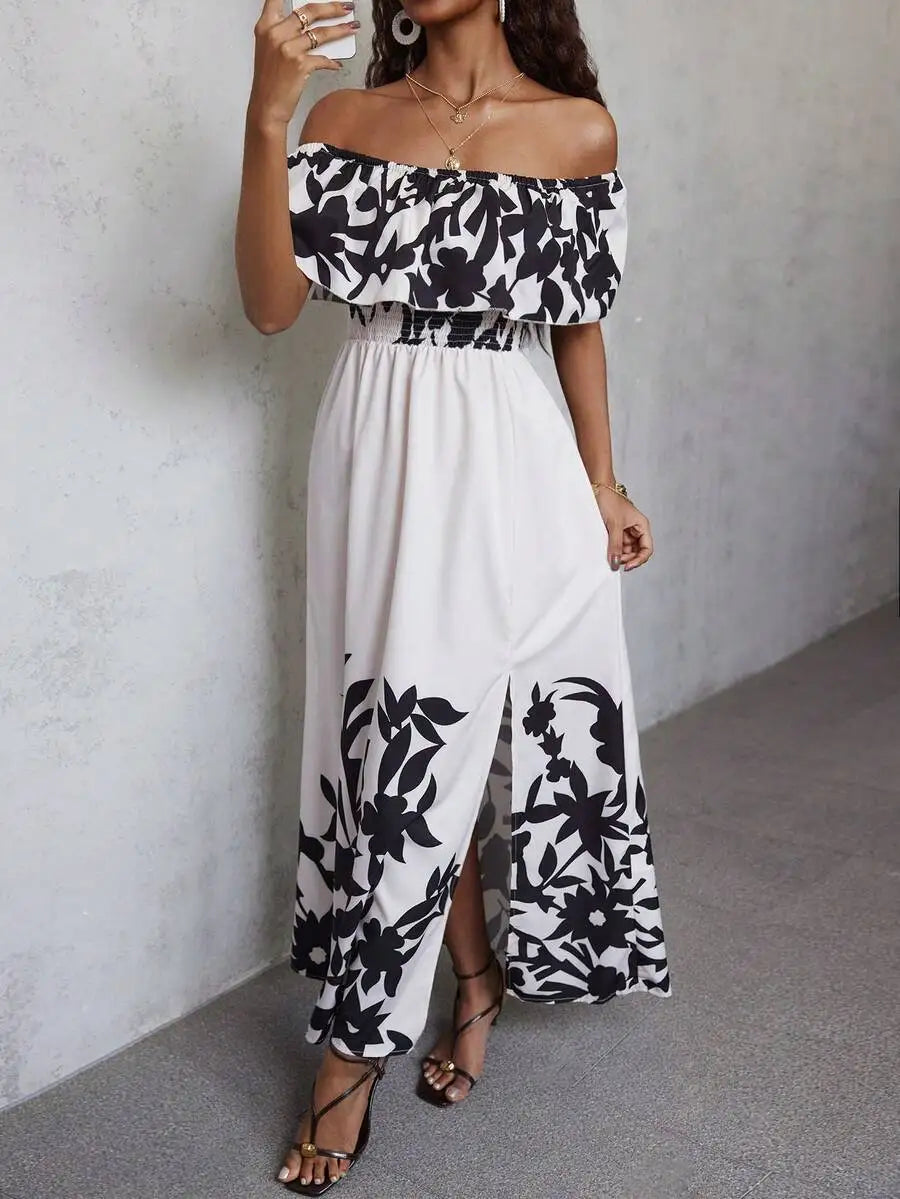 Off-Shoulder Ruffled Sleeve Floral Maxi Dress with High Slit for Beach Vacation
