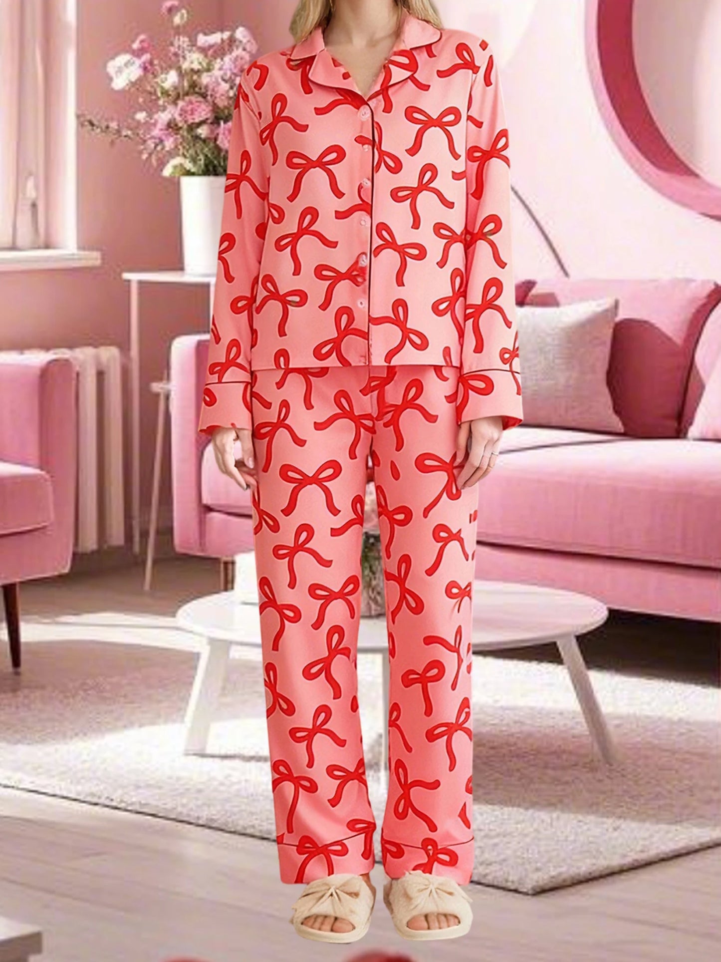Women s 2-Piece Pajama Set featuring Long Sleeve Lapel V Neck Top with Bow Print and Button Down Detail paired with Elastic