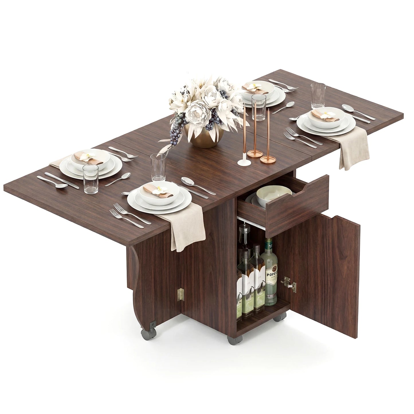 HOMASIS Folding Dining Table With Lockable Wheels, 2 Drawers