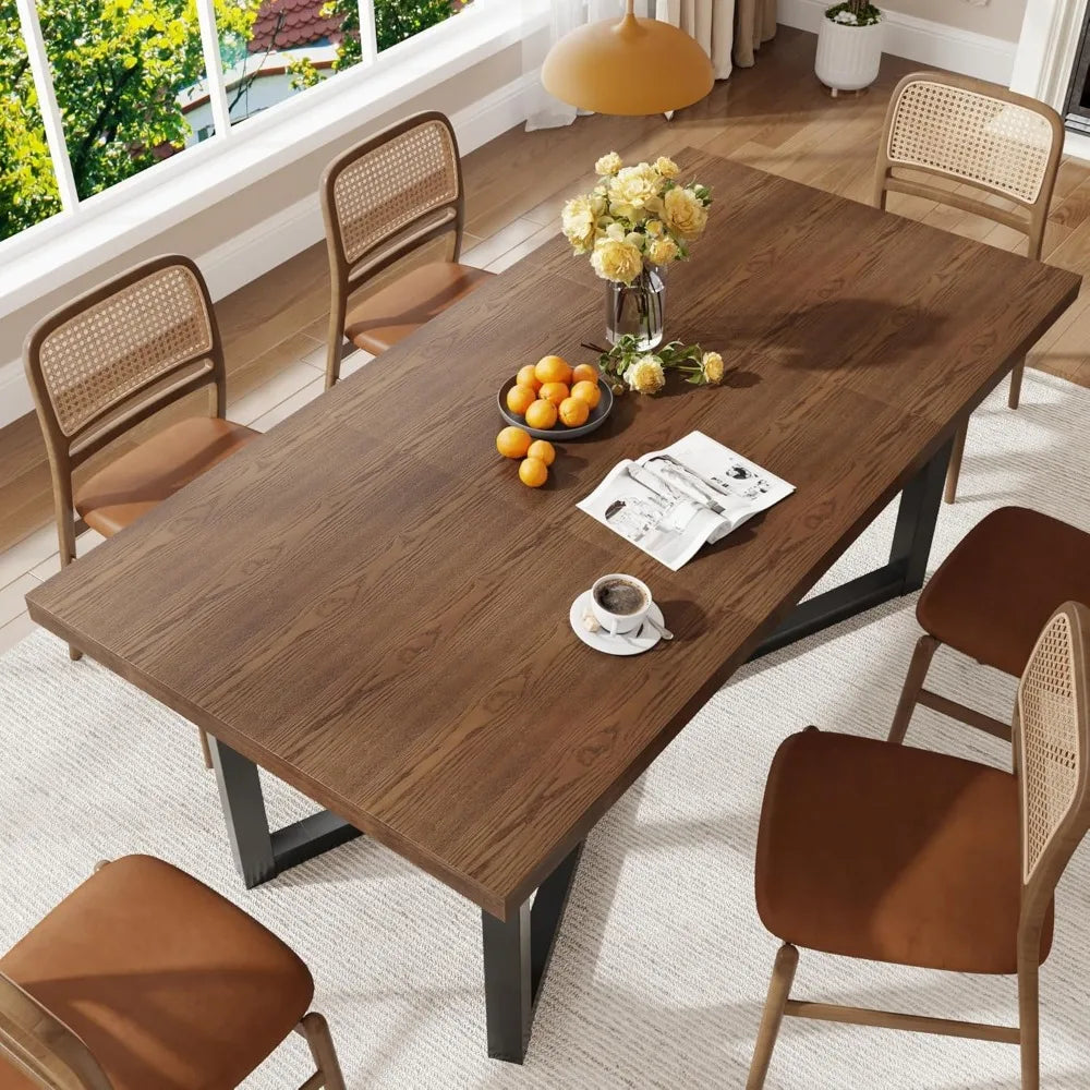 Farmhouse Solid Wood Dining Table With Durable Steel Legs