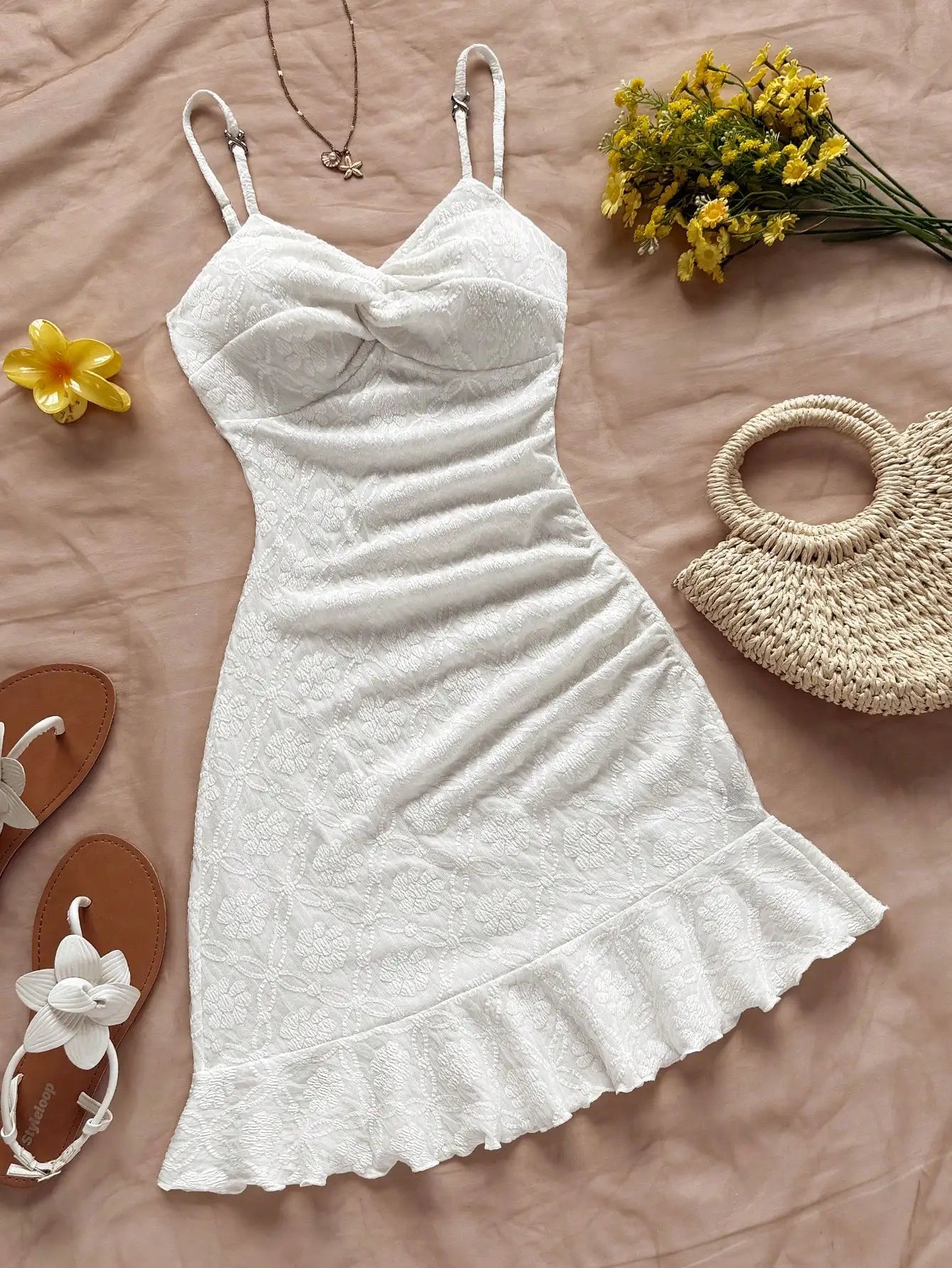 White Textured Knit Dress with Twist Bust and Ruffle Hem, Fitted Silhouette for Summer Vacations and Casual Outings