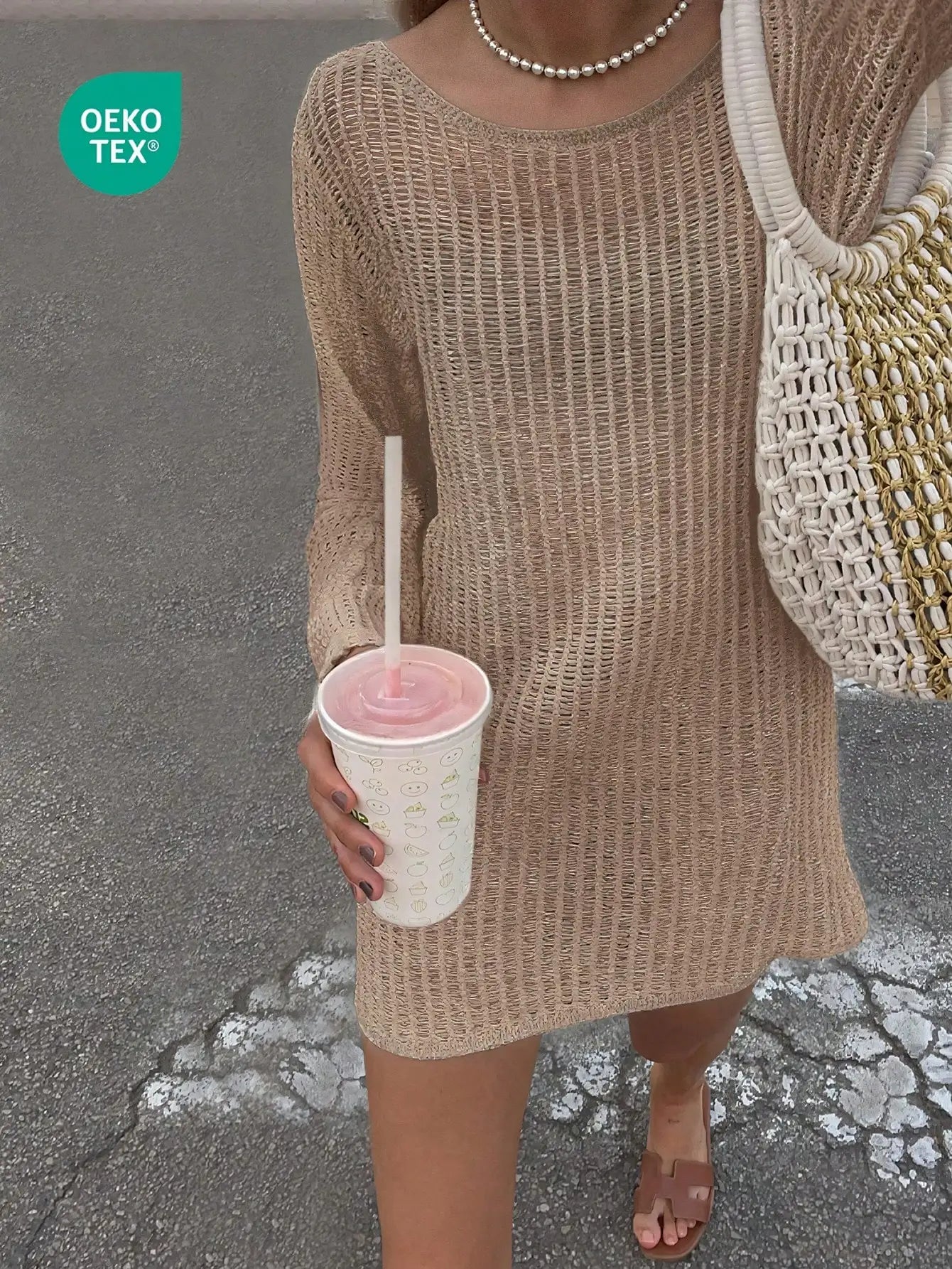 Women Solid Color Airy Beach Cover Up Mini Dress Long Sleeve See Through Casual Summer