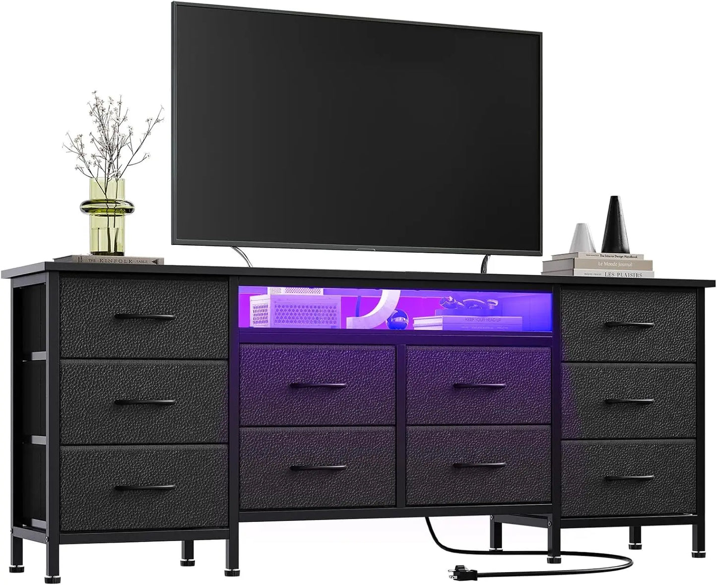 TV Stand for 65/70/75" TV, 10 Drawer Dresser with Power Outlets and LED Lights, Entertainment Center TV Stand Storage Drawers