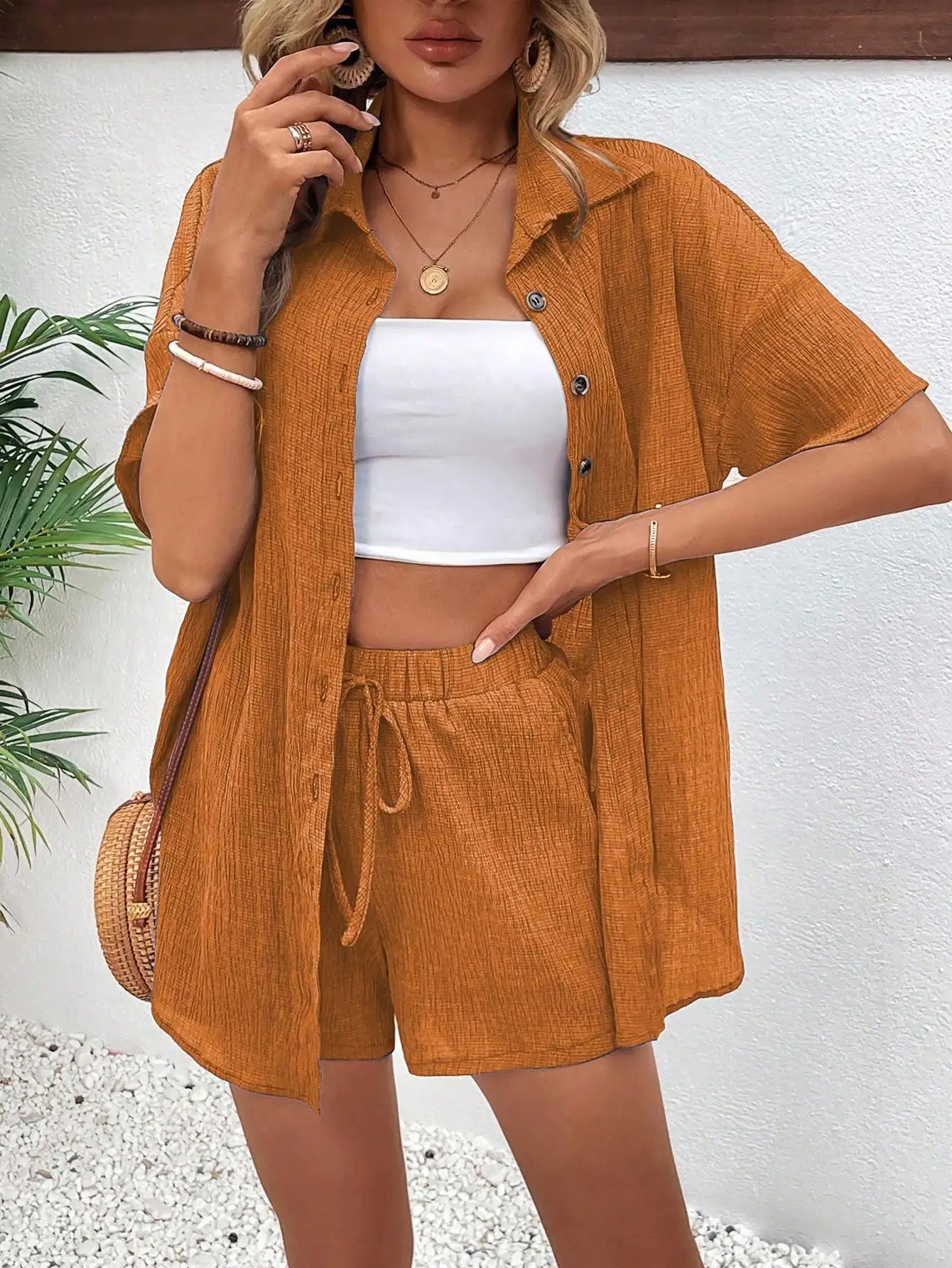 Women's Front Button Collar Short Sleeve Blouse And Tie Waist Shorts Set