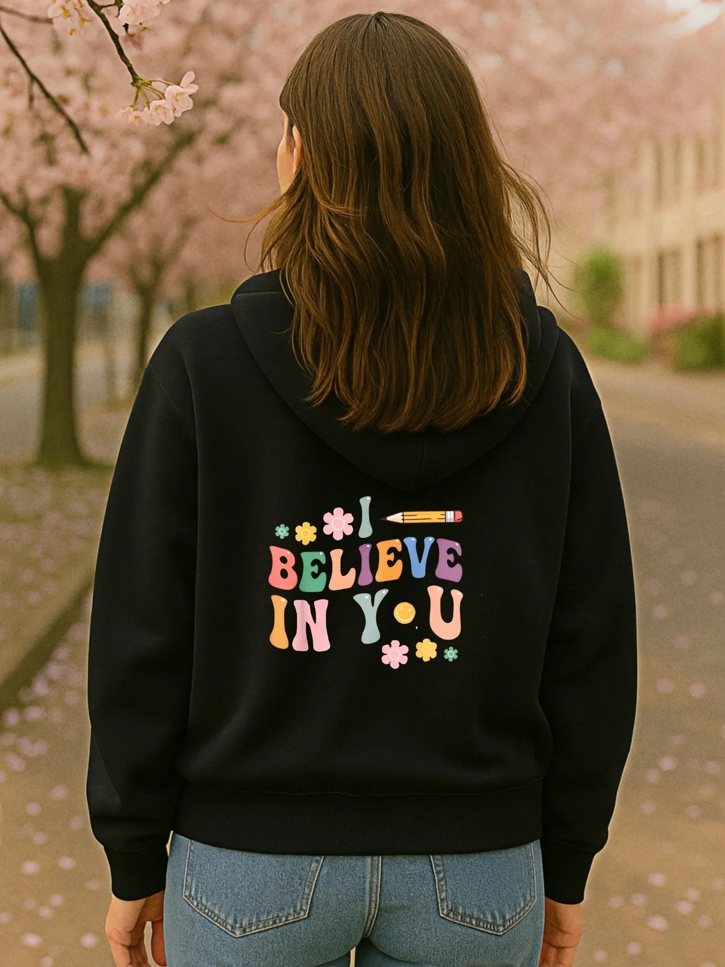 Graphic Hoodie Women, Believe In You Letter Print, Casual Aesthetic Design, Soft Fabric, Casual Everyday Wear, For Teens