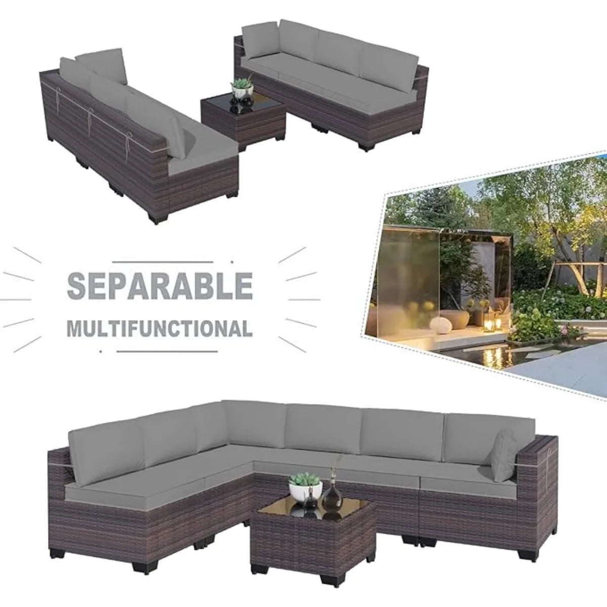 XIUWO 7 Piece Outdoor Patio Furniture Set Rattan Sectional Sofa