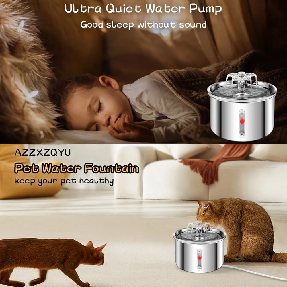 2L Automatic Pet Water Fountain 304 Stainless Steel Smart Water Dispenser Ultra-Quiet Pump Cat Dog Bowl Fountain for Indoor Pet