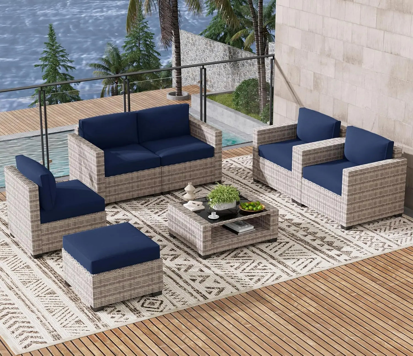 7 Piece Outdoor Patio Furniture Set, Rattan Chairs Glass Table Wicker Conversation Seating Sectional Sofa with Cushions, Custom