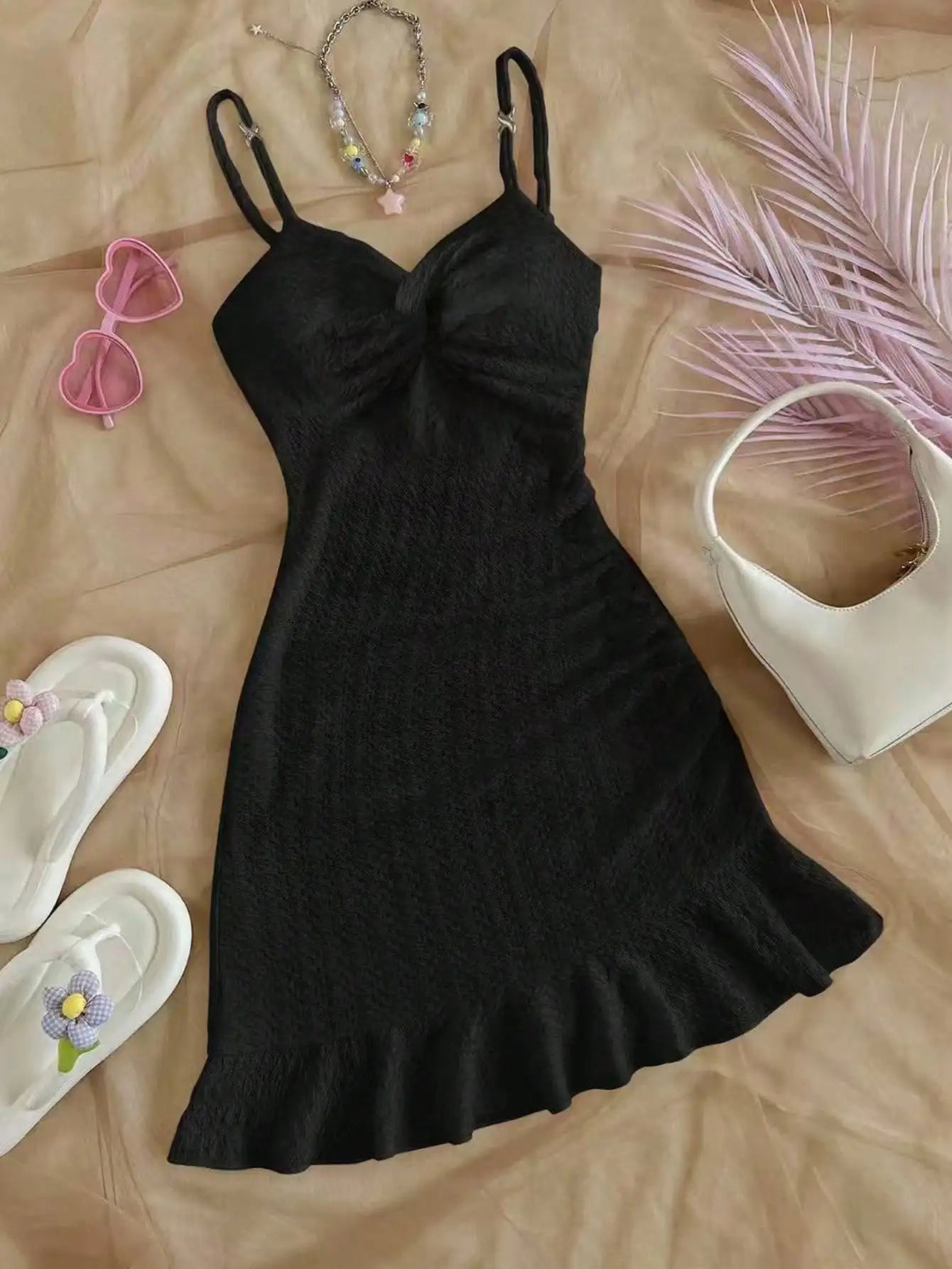 White Textured Knit Dress with Twist Bust and Ruffle Hem, Fitted Silhouette for Summer Vacations and Casual Outings